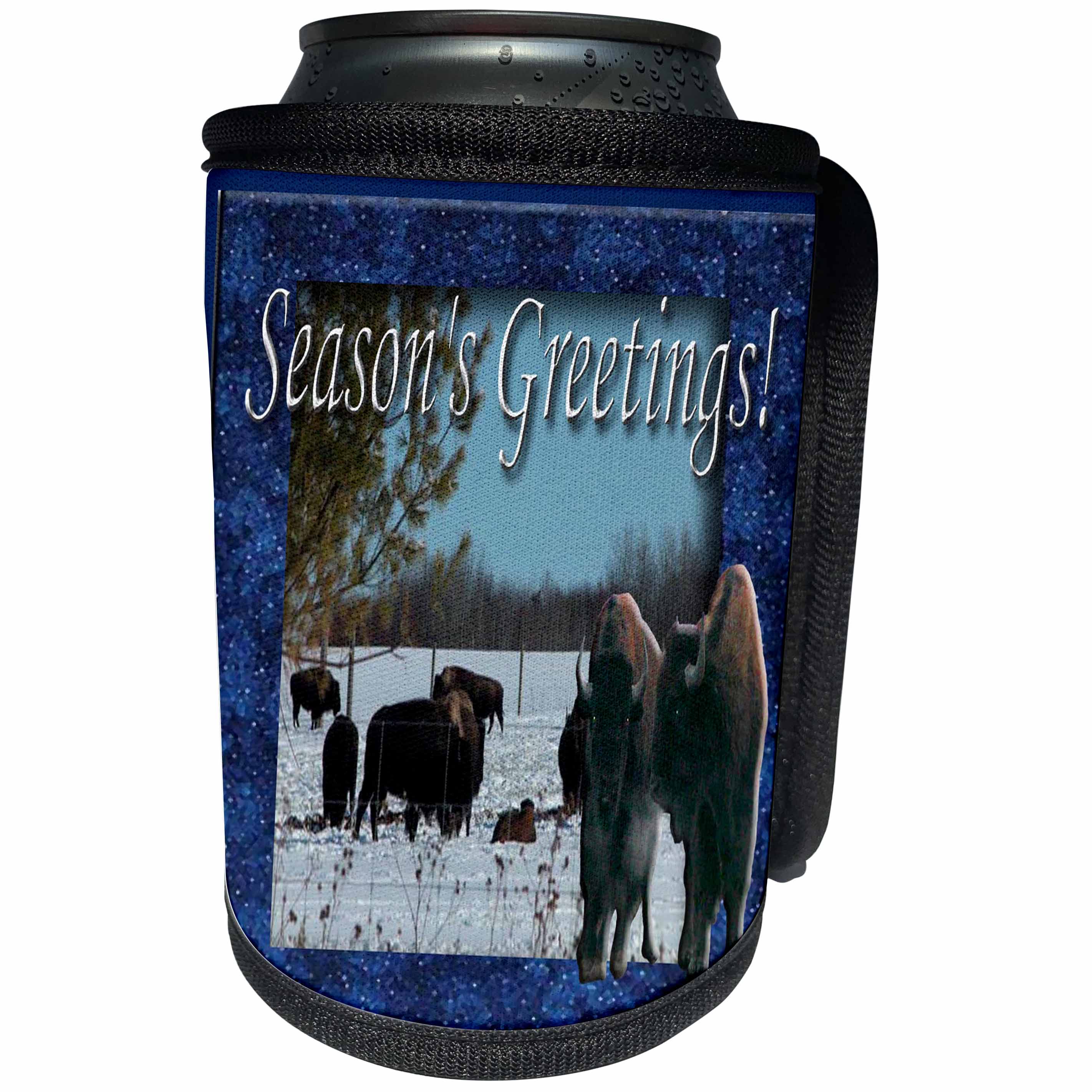 3dRose Beverly Turner Christmas Design and Photography - Buffalos Seasons Greetings Huffing and Puffing - Can Cooler Bottle Wrap (cc_26974)