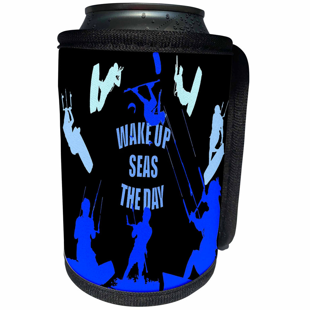 3dRose Taiche - Vector - Kitesurfing Wakeboarding - Wake Up Seas The Day Kiteboarder Royal Blue - Can Cooler Bottle Wrap (cc_269747)