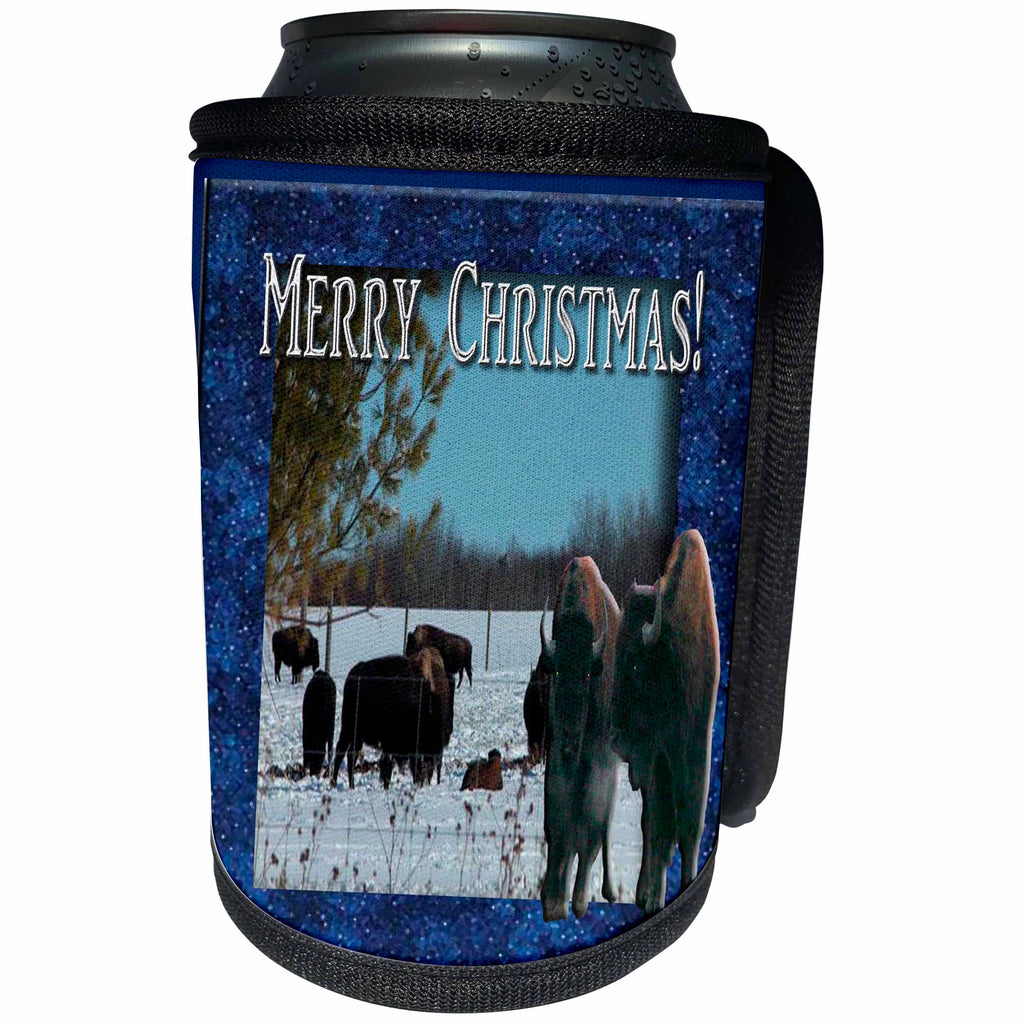 3dRose Beverly Turner Christmas Design and Photography - Buffalos Merry Christmas Huffing and Puffing - Can Cooler Bottle Wrap (cc_26975)