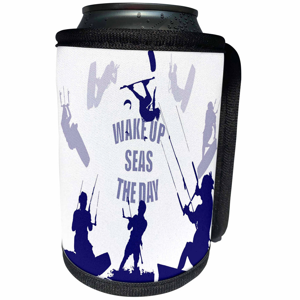 3dRose Taiche - Vector - Kitesurfing Wakeboarding - Wake Up Seas The Day Kiteboarder In Blue Shades - Can Cooler Bottle Wrap (cc_269754)