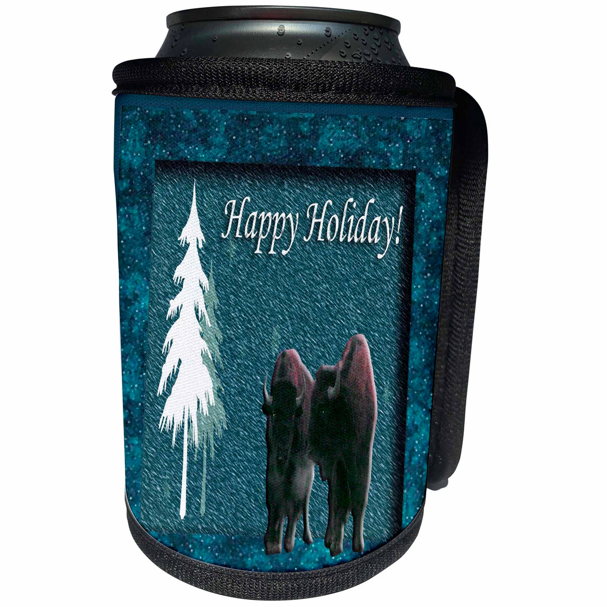3dRose Beverly Turner Christmas Design and Photography - Buffalos and Trees Happy Holidays - Can Cooler Bottle Wrap (cc_26976)