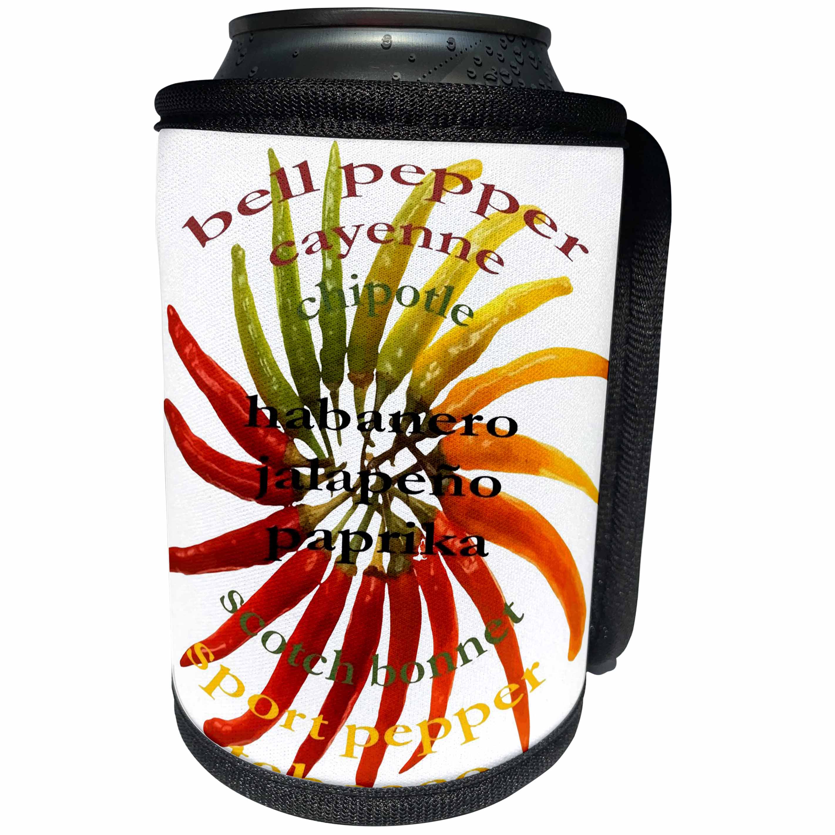 3dRose Taiche - Tee Shirt - Chili Peppers - Chili Color Wheel With Hot Pepper Text - Can Cooler Bottle Wrap (cc_269765)