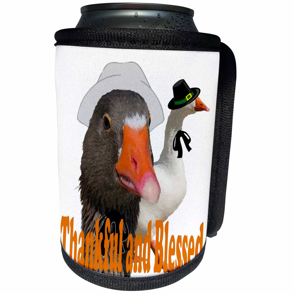 3dRose Taiche - Tee Shirt - Thanksgiving Ducks - Thankful and Blessed Thanksgiving Pilgrims - Can Cooler Bottle Wrap (cc_269778)