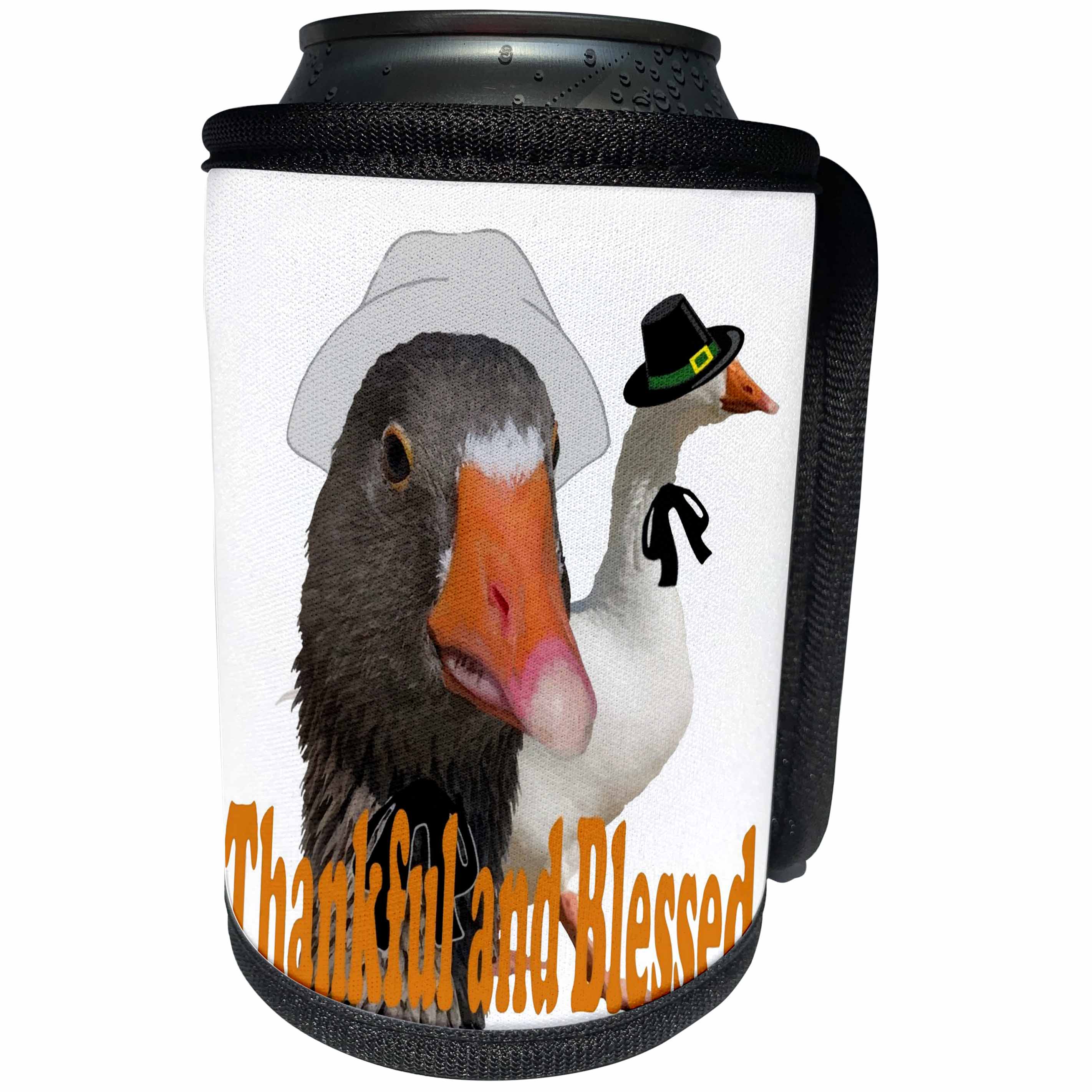 3dRose Taiche - Tee Shirt - Thanksgiving Ducks - Thankful and Blessed Thanksgiving Pilgrims - Can Cooler Bottle Wrap (cc_269778)