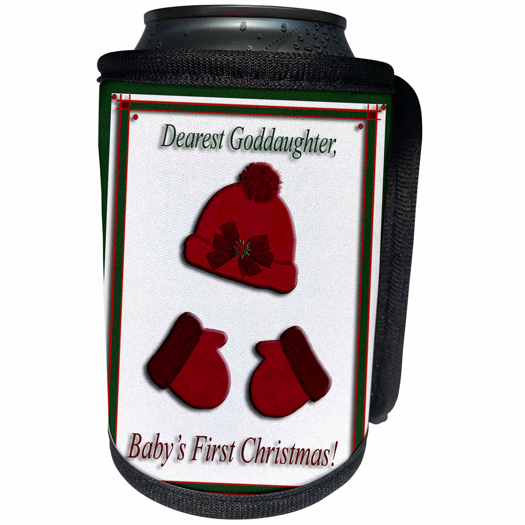 3dRose Beverly Turner Christmas Design - Red Cap and Mittens Babys First Christmas Goddaughter Poinsettia Bow - Can Cooler Bottle Wrap (cc_26978)