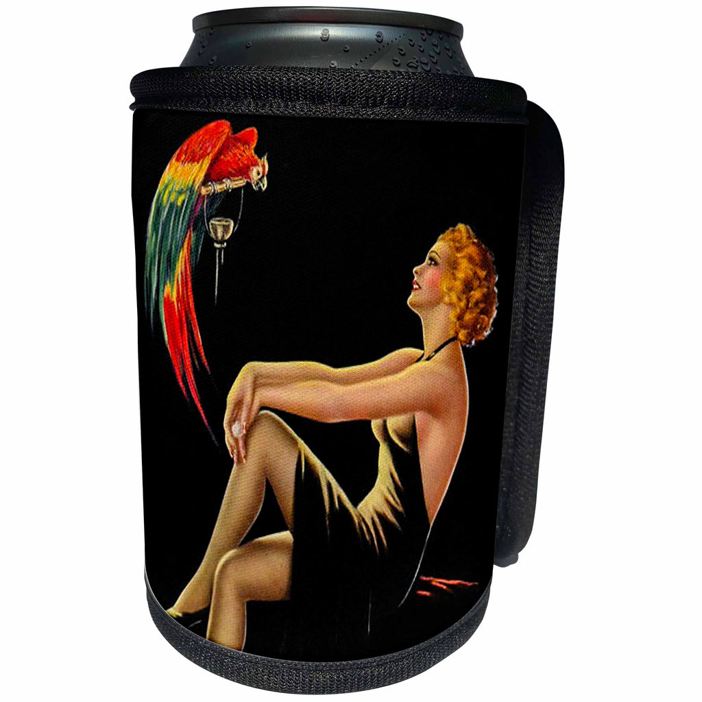3dRose Scenes from the Past Ephemera - 1938 Pin-Up Girl with a Macaw Vintage - Can Cooler Bottle Wrap (cc_269784)