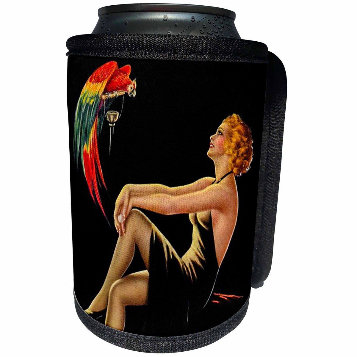 3dRose Scenes from the Past Ephemera - 1938 Pin-Up Girl with a Macaw Vintage - Can Cooler Bottle Wrap (cc_269784)