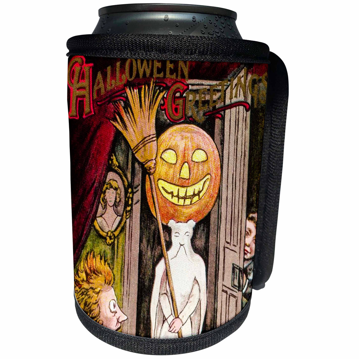 3dRose Scenes from the Past Ephemera - Crazy Vintage Pumpkin Head and Scaredy Cats Late 1800s Halloween - Can Cooler Bottle Wrap (cc_269787)
