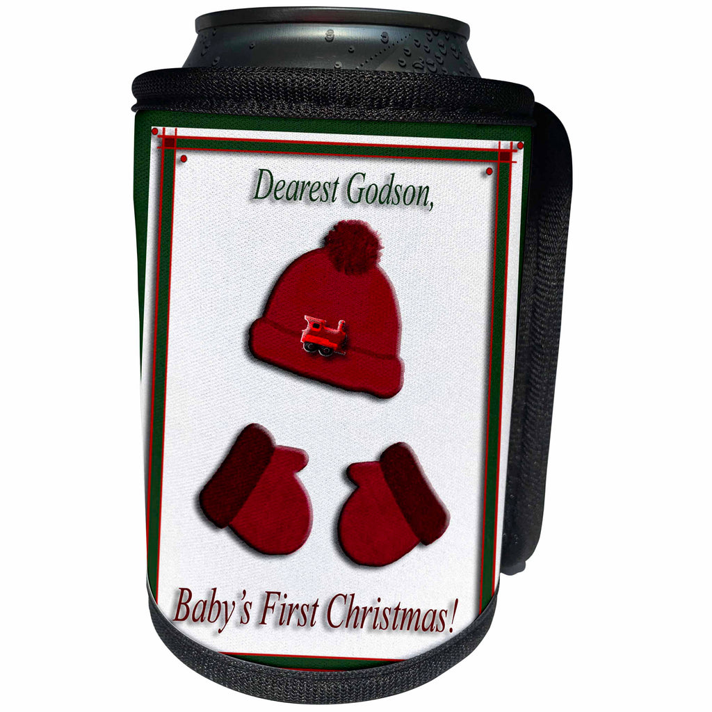 3dRose Beverly Turner Christmas Design - Red Cap and Mittens Babys First Christmas Godson Train - Can Cooler Bottle Wrap (cc_26979)