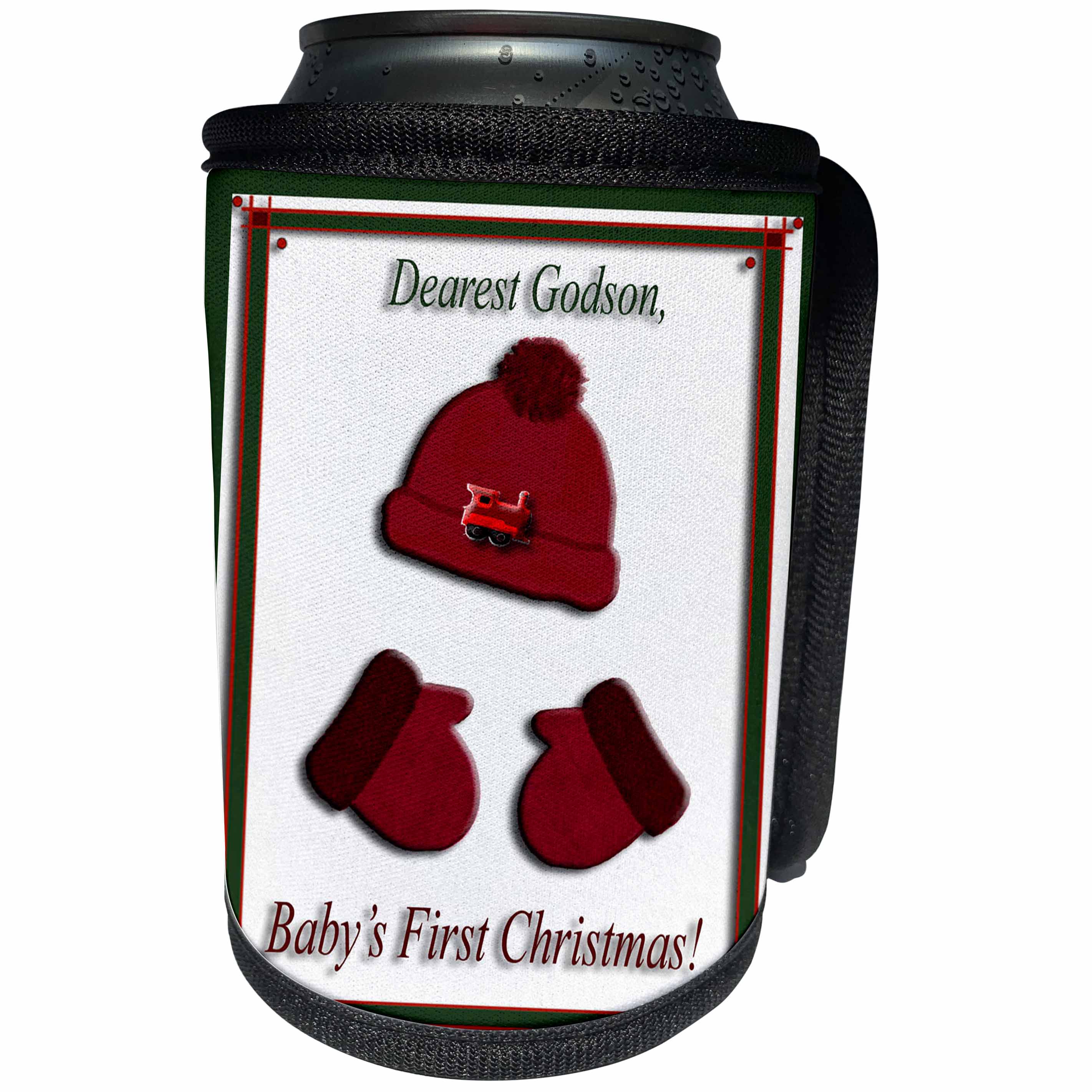 3dRose Beverly Turner Christmas Design - Red Cap and Mittens Babys First Christmas Godson Train - Can Cooler Bottle Wrap (cc_26979)