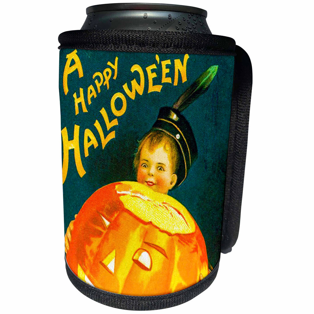 3dRose Scenes from the Past Ephemera - A Happy Halloween Vintage Holiday Postcard Early 1900s - Can Cooler Bottle Wrap (cc_269790)