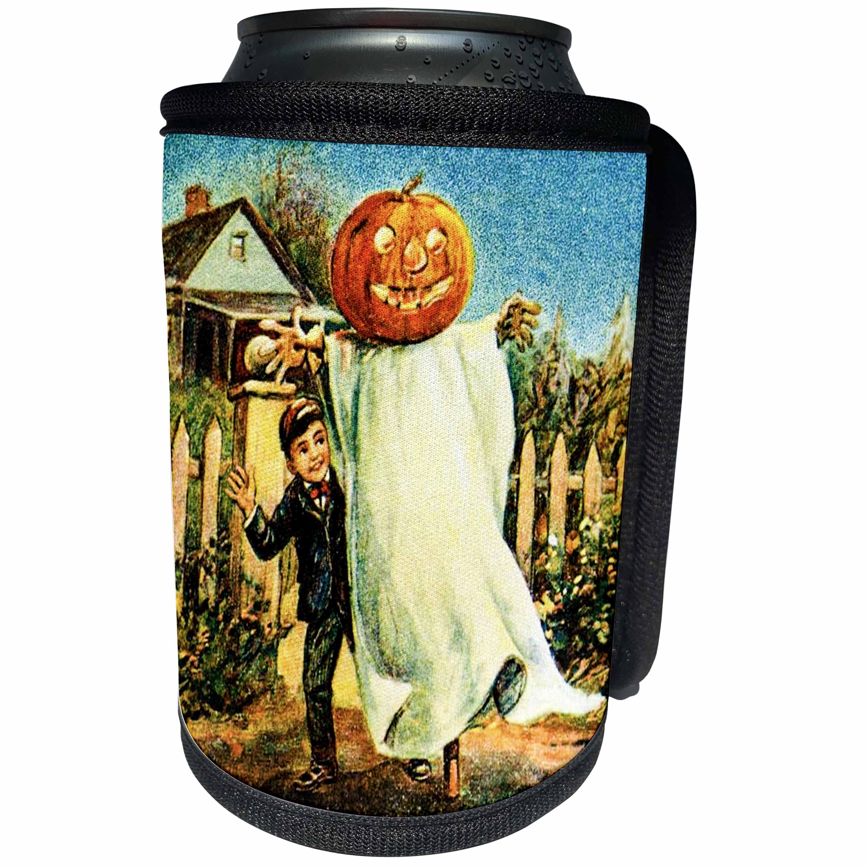 3dRose Scenes from the Past Ephemera - Vintage Halloween Pumpkin Head Ghost Early 1900s - Can Cooler Bottle Wrap (cc_269796)