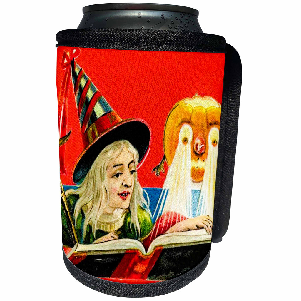 3dRose Scenes from the Past Ephemera - Vintage Halloween Little Witch and Her Pumpkin Friend Early 1900s - Can Cooler Bottle Wrap (cc_269799)