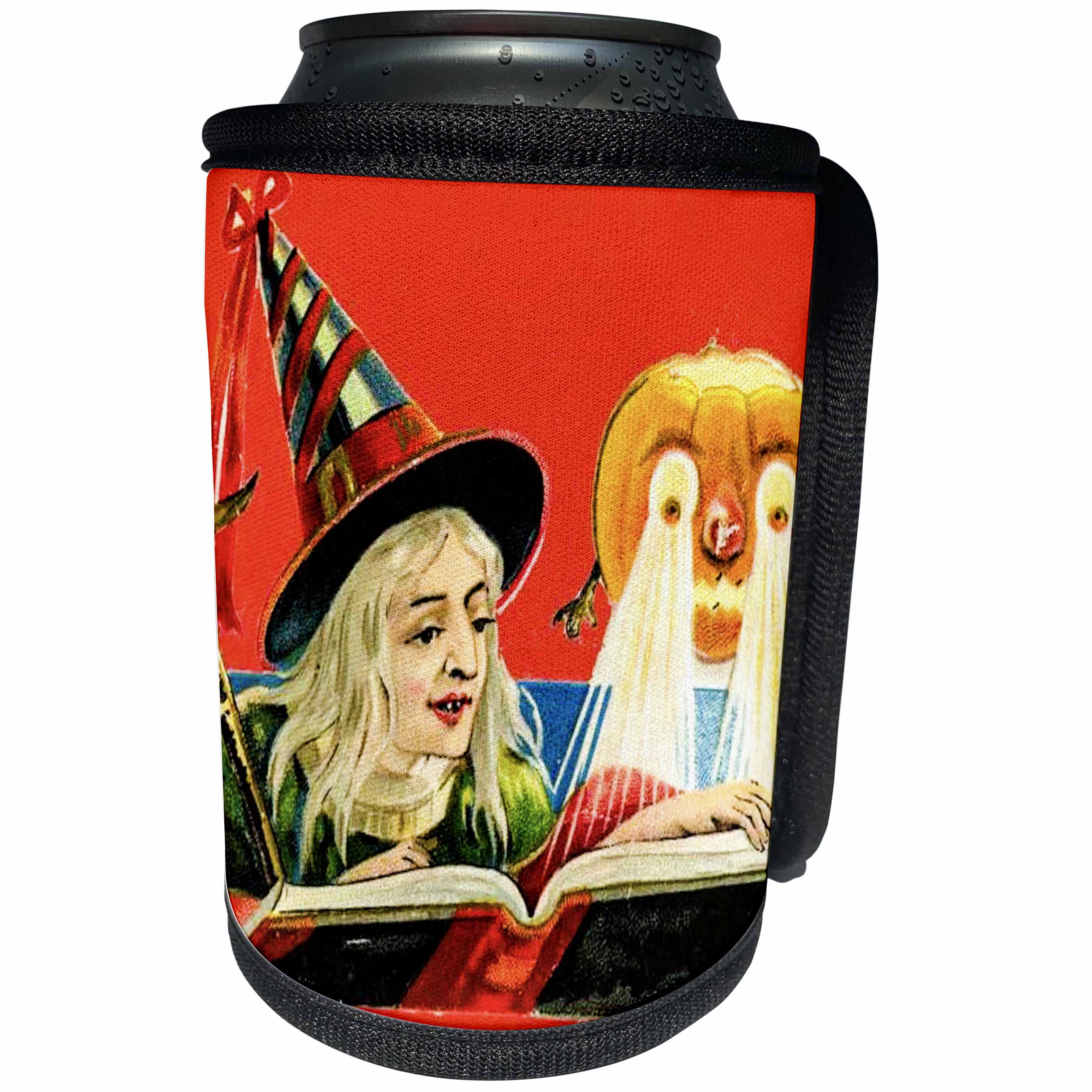 3dRose Scenes from the Past Ephemera - Vintage Halloween Little Witch and Her Pumpkin Friend Early 1900s - Can Cooler Bottle Wrap (cc_269799)