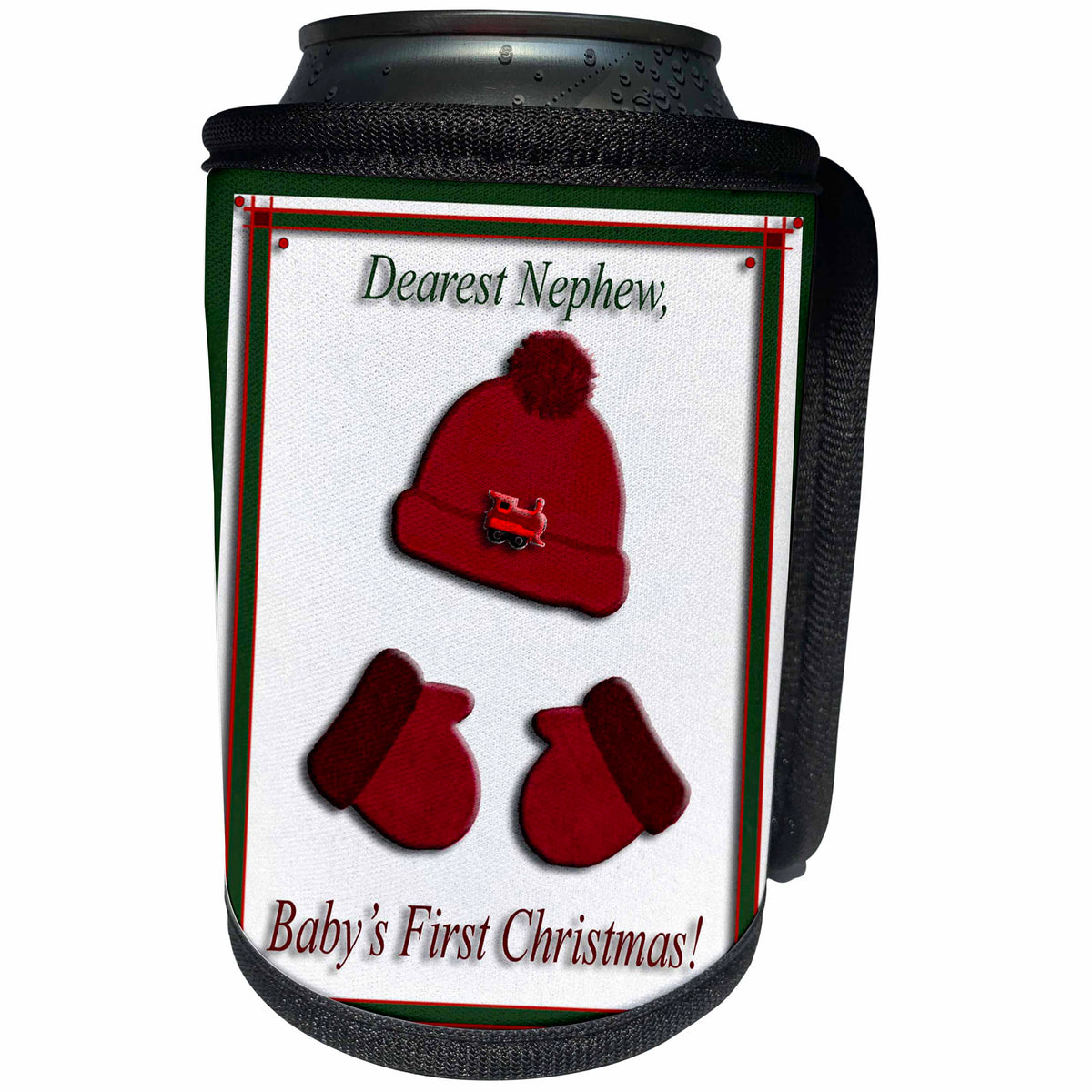 3dRose Beverly Turner Christmas Design - Red Cap and Mittens Babys First Christmas Nephew Train - Can Cooler Bottle Wrap (cc_26980)