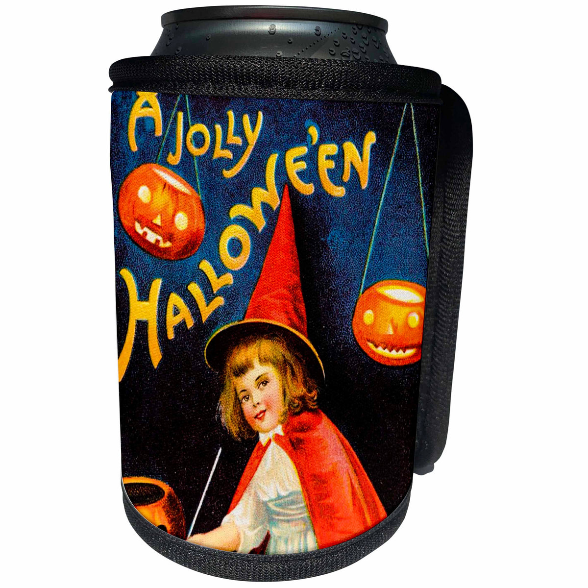 3dRose Scenes from the Past Ephemera - A Jolly Halloween Vintage Early 1900s Holiday Postcard Little Witch - Can Cooler Bottle Wrap (cc_269800)