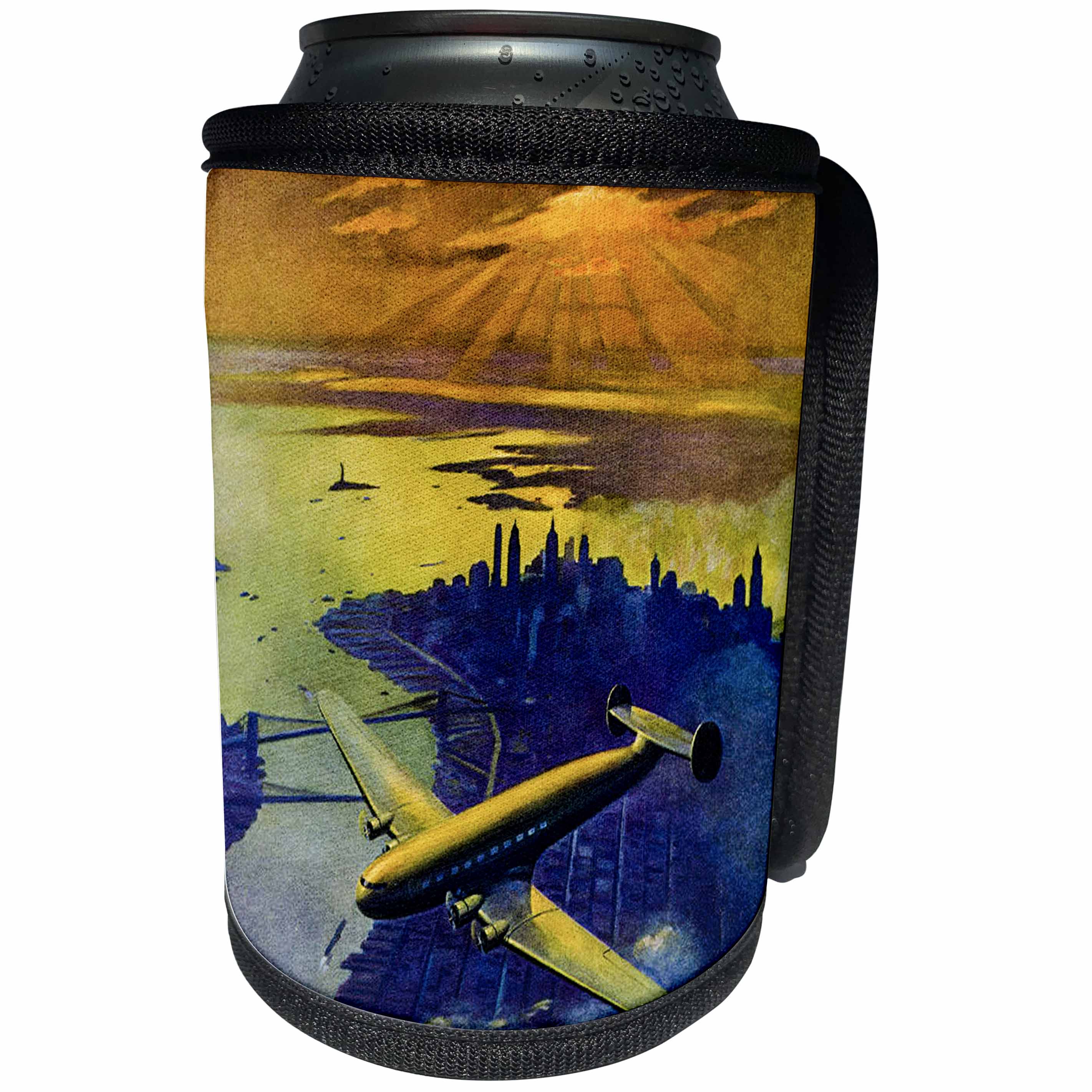 3dRose Scenes from the Past Ephemera - 1930s Dawn of Aviation Over New York City Early American Flight - Can Cooler Bottle Wrap (cc_269809)