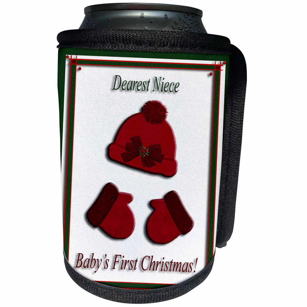 3dRose Beverly Turner Christmas Design - Red Cap and Mittens Babys First Christmas Niece Poinsettia Bow - Can Cooler Bottle Wrap (cc_26981)