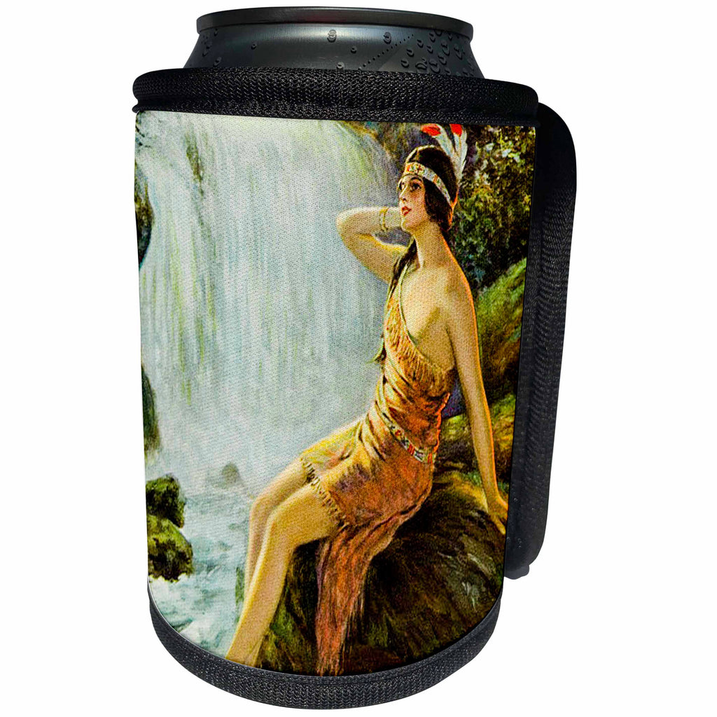 3dRose Scenes from the Past Ephemera - Vintage Native American Princess Pin Up Poster Moonlit Waterfall - Can Cooler Bottle Wrap (cc_269812)