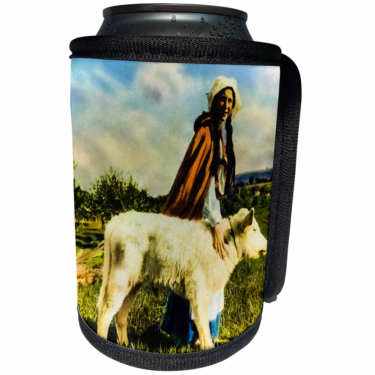 3dRose Scenes from the Past Magic Lantern Slides - A Girl and her Cow Nova Scotia Canada Circa 1920 Vintage - Can Cooler Bottle Wrap (cc_269828)