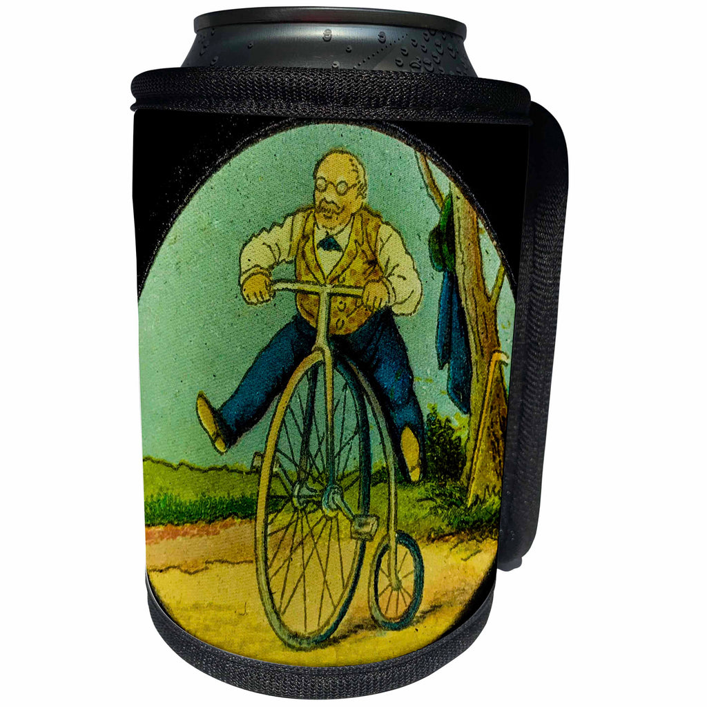 3dRose Scenes from the Past Magic Lantern Slides - Vintage German Magic Lantern Slide Fat Man on a Penny Farthing - Can Cooler Bottle Wrap (cc_269834)