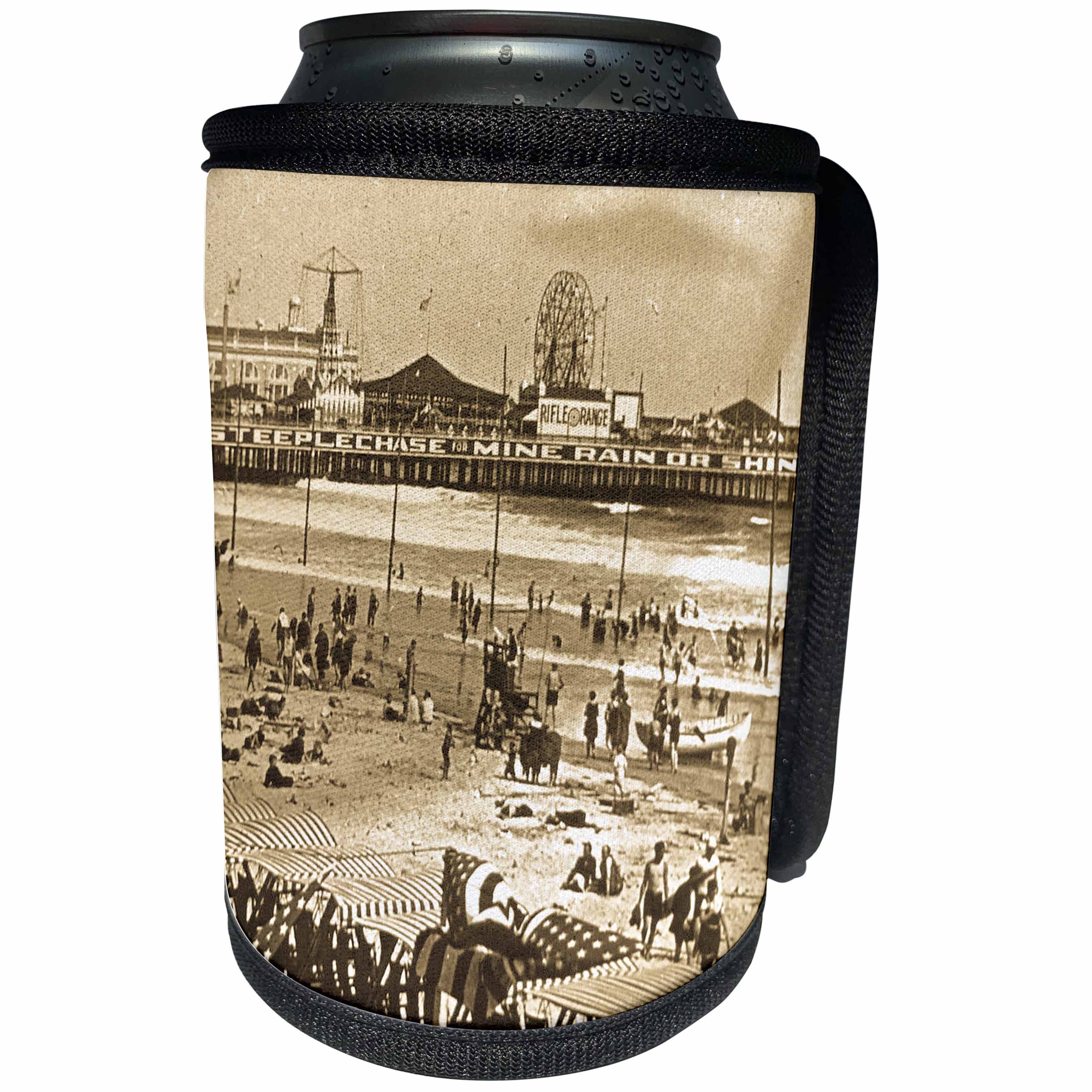 3dRose Scenes from the Past Magic Lantern Slides - Vintage Atlantic City New Jersey Boardwalk Steeplechase and Beach - Can Cooler Bottle Wrap (cc_269835)