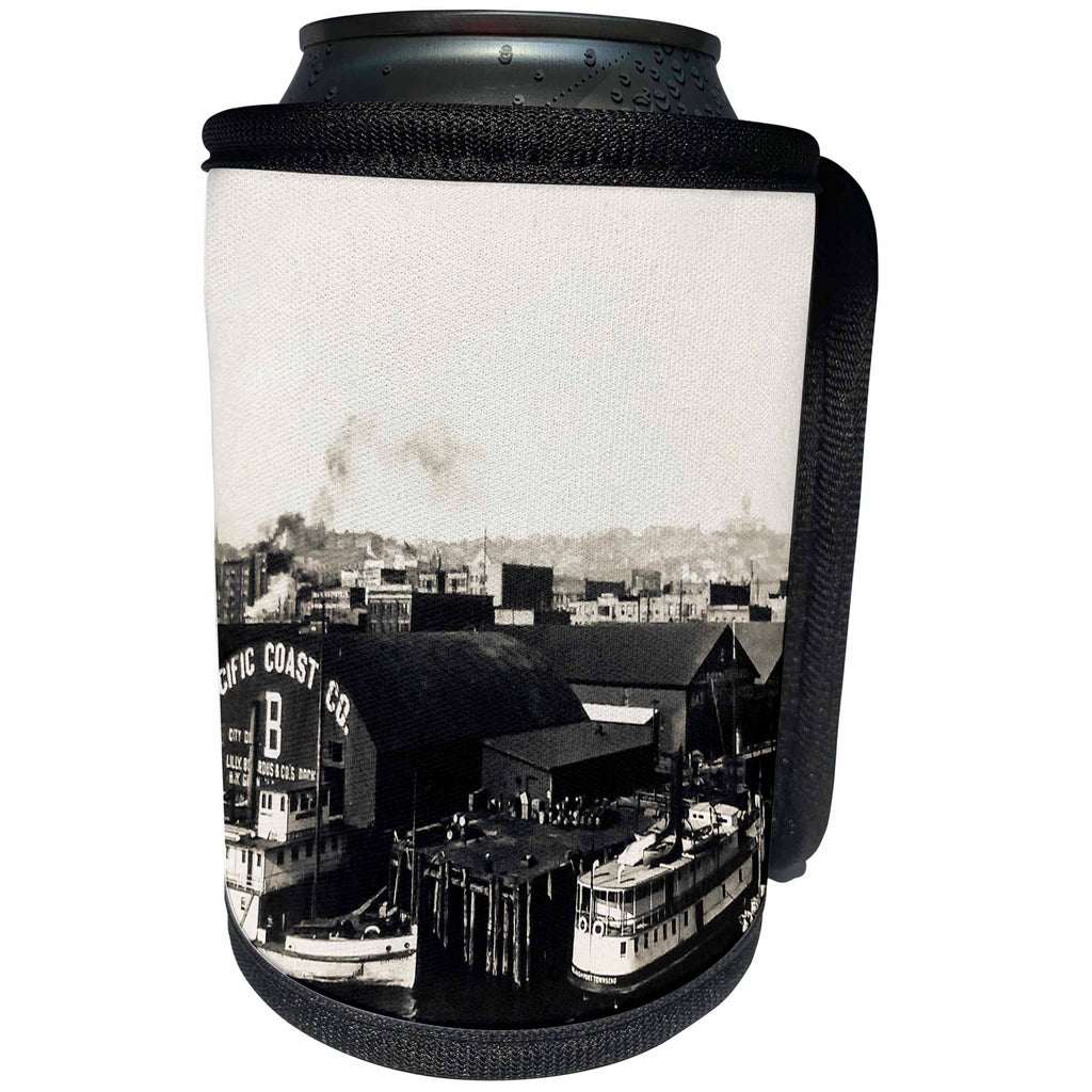 3dRose Scenes from the Past Magic Lantern Slides - Docks at Seattle Washington Pacific Coast Company Vintage - Can Cooler Bottle Wrap (cc_269848)