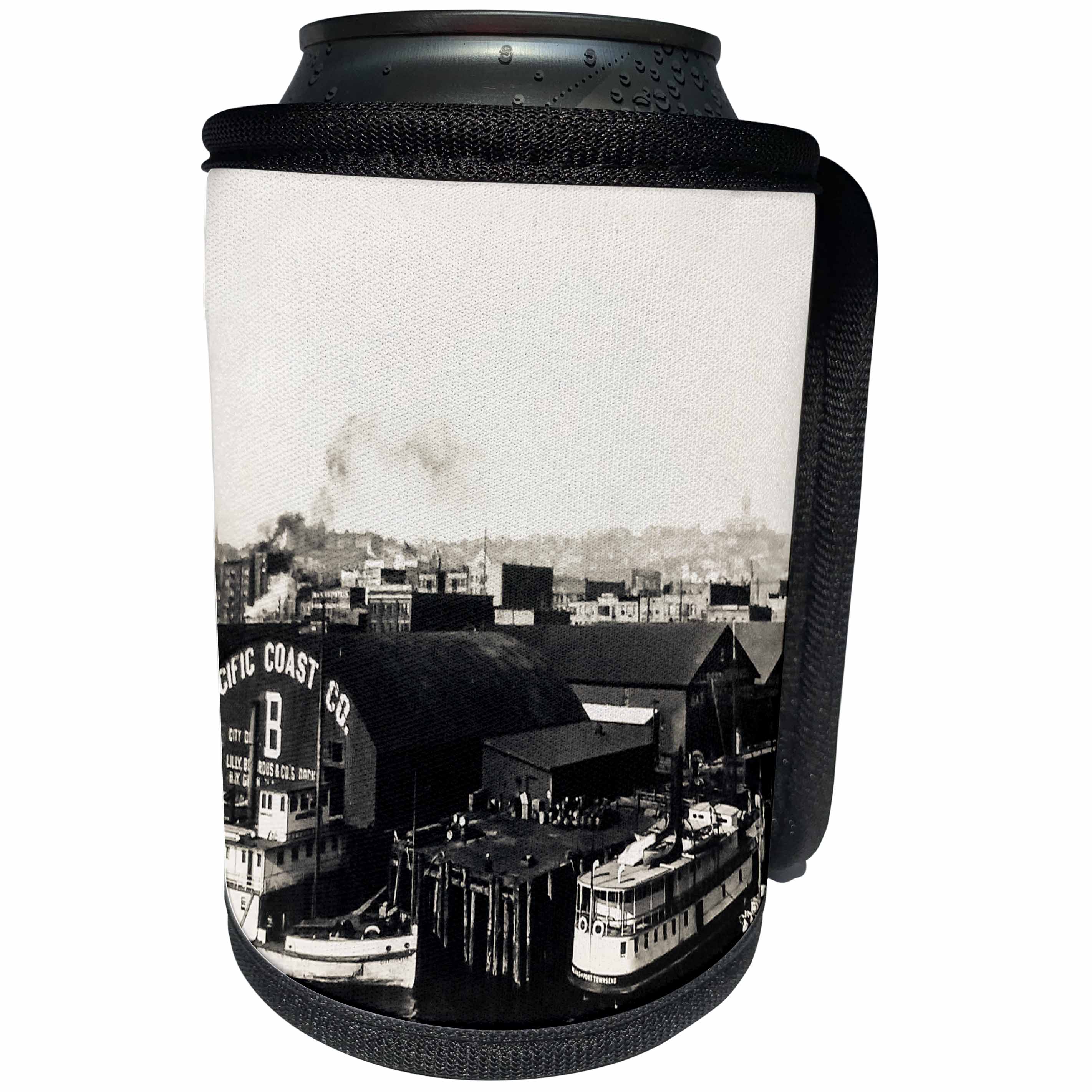 3dRose Scenes from the Past Magic Lantern Slides - Docks at Seattle Washington Pacific Coast Company Vintage - Can Cooler Bottle Wrap (cc_269848)