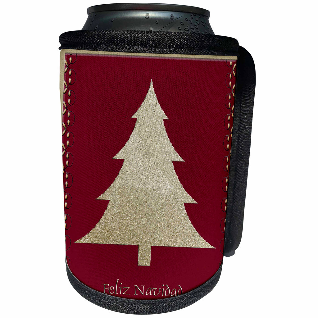 3dRose Beverly Turner Christmas Design - Gold Tree on Red Feliz Navidad Merry Christmas in Spanish - Can Cooler Bottle Wrap (cc_26985)