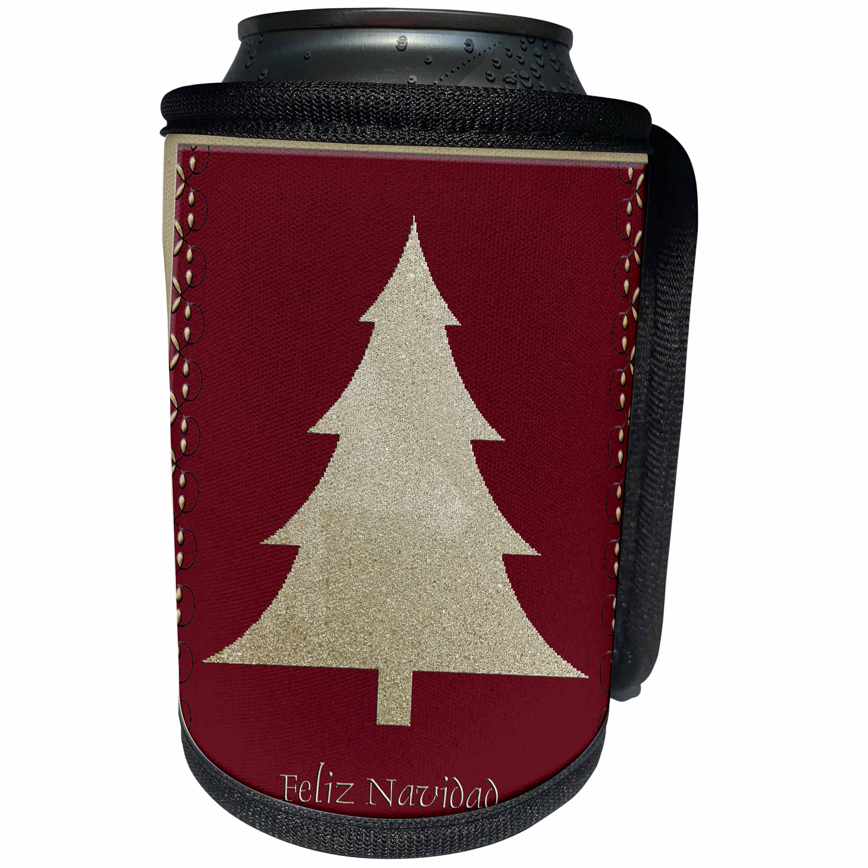 3dRose Beverly Turner Christmas Design - Gold Tree on Red Feliz Navidad Merry Christmas in Spanish - Can Cooler Bottle Wrap (cc_26985)