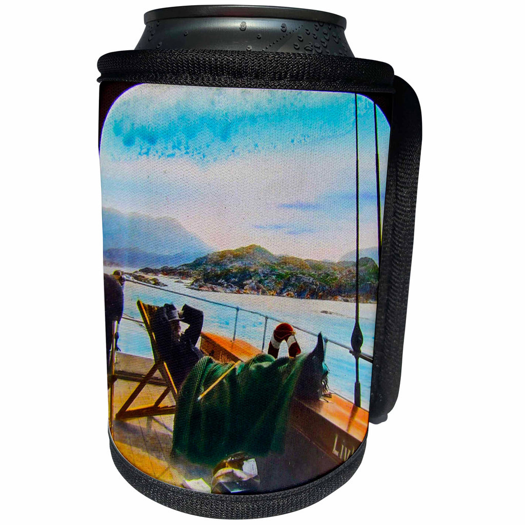 3dRose Scenes from the Past Magic Lantern Slides - Vintage Man in Deck Chair on a Pleasure Cruise Early 1900s - Can Cooler Bottle Wrap (cc_269862)