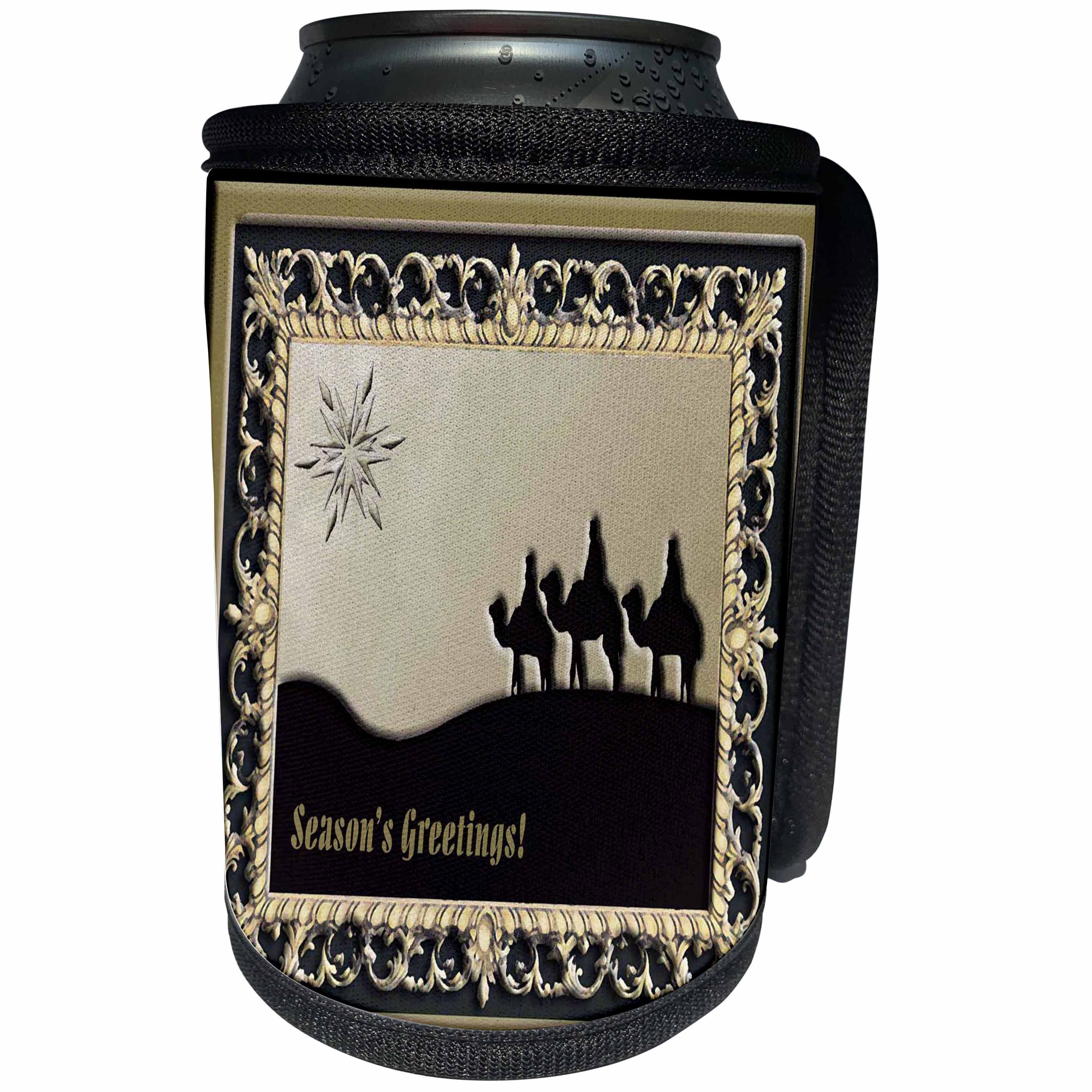 3dRose Beverly Turner Christmas Design - Wise Men Gold and Black Seasons Greetings - Can Cooler Bottle Wrap (cc_26988)