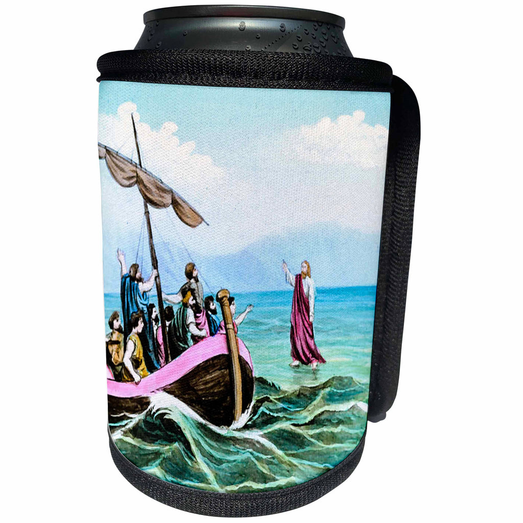 3dRose Scenes from the Past Magic Lantern Slides - Vintage Bible Story of Jesus Walking on Water Miracle Circa 1900 - Can Cooler Bottle Wrap (cc_269881)