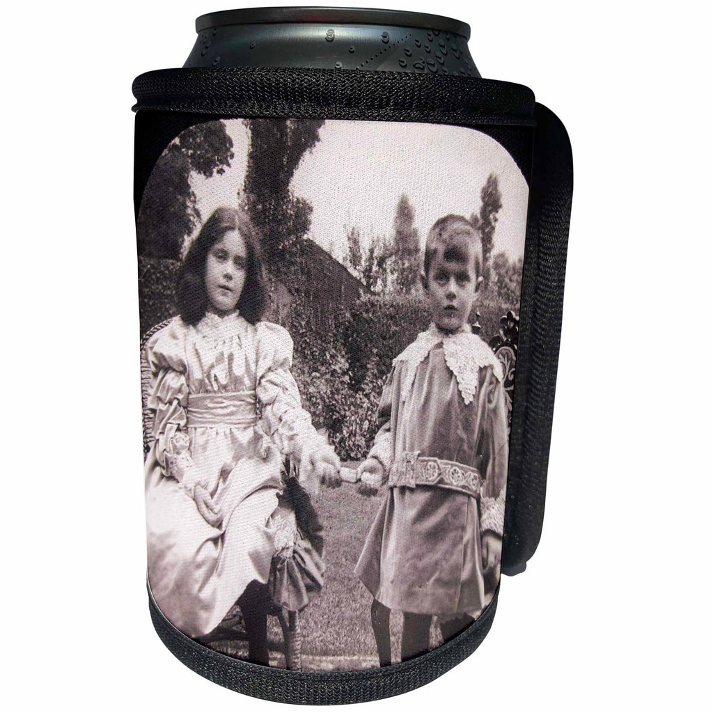 3dRose Scenes from the Past Magic Lantern Slides - Edwardian Era Children Brother and Sister Family Photo Vintage - Can Cooler Bottle Wrap (cc_269886)