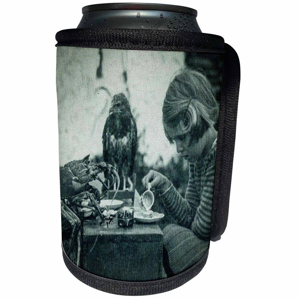 3dRose Scenes from the Past Magic Lantern Slides - Little Girl Playing Chess With a Lobster and a Hawk Vintage 1930s - Can Cooler Bottle Wrap (cc_269888)