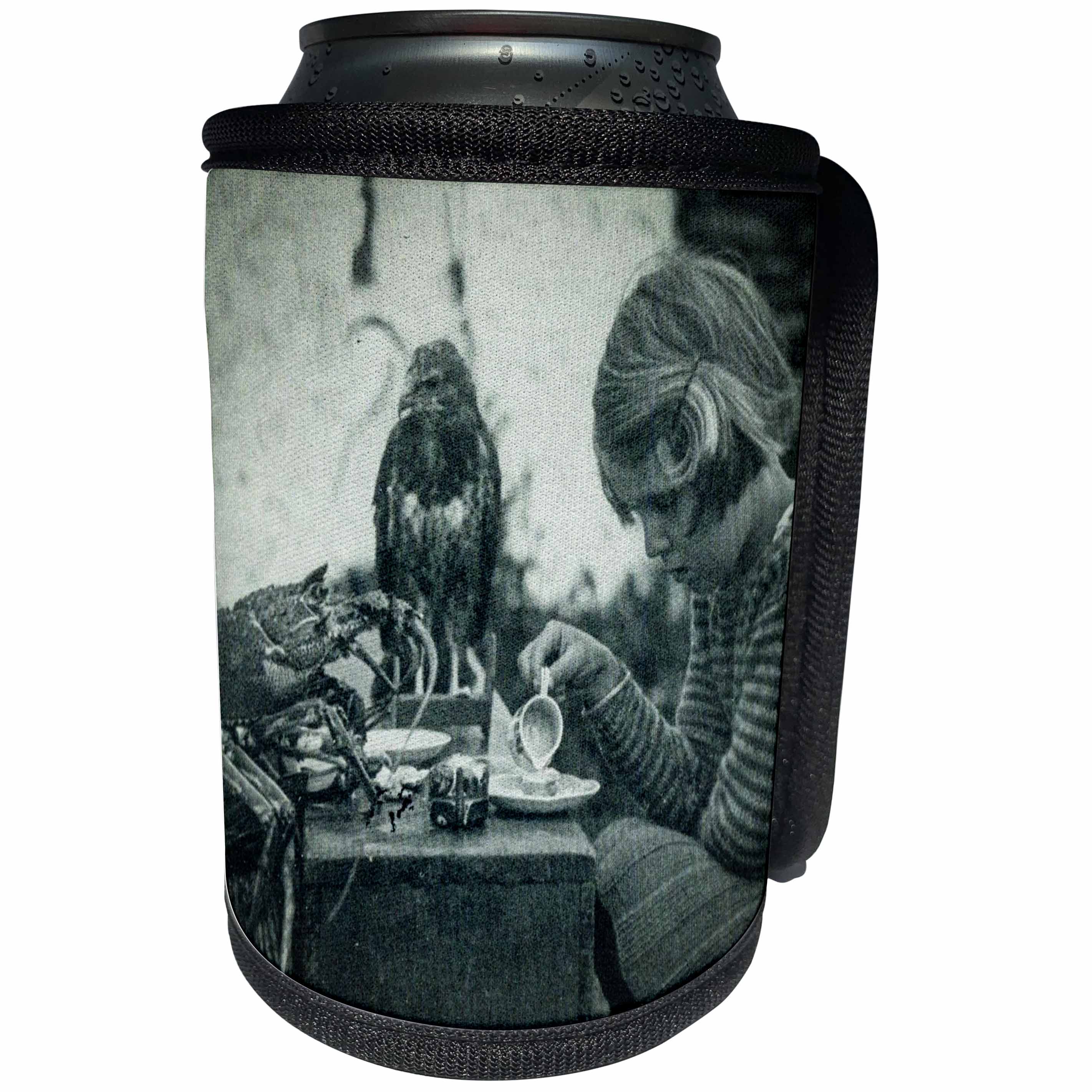 3dRose Scenes from the Past Magic Lantern Slides - Little Girl Playing Chess With a Lobster and a Hawk Vintage 1930s - Can Cooler Bottle Wrap (cc_269888)