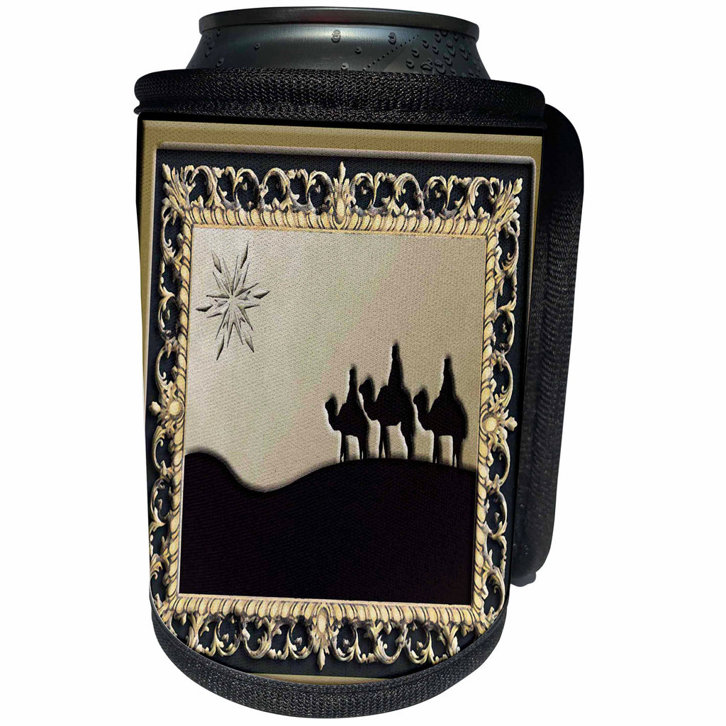 3dRose Beverly Turner Christmas Design - Wise Men Gold and Black - Can Cooler Bottle Wrap (cc_26989)