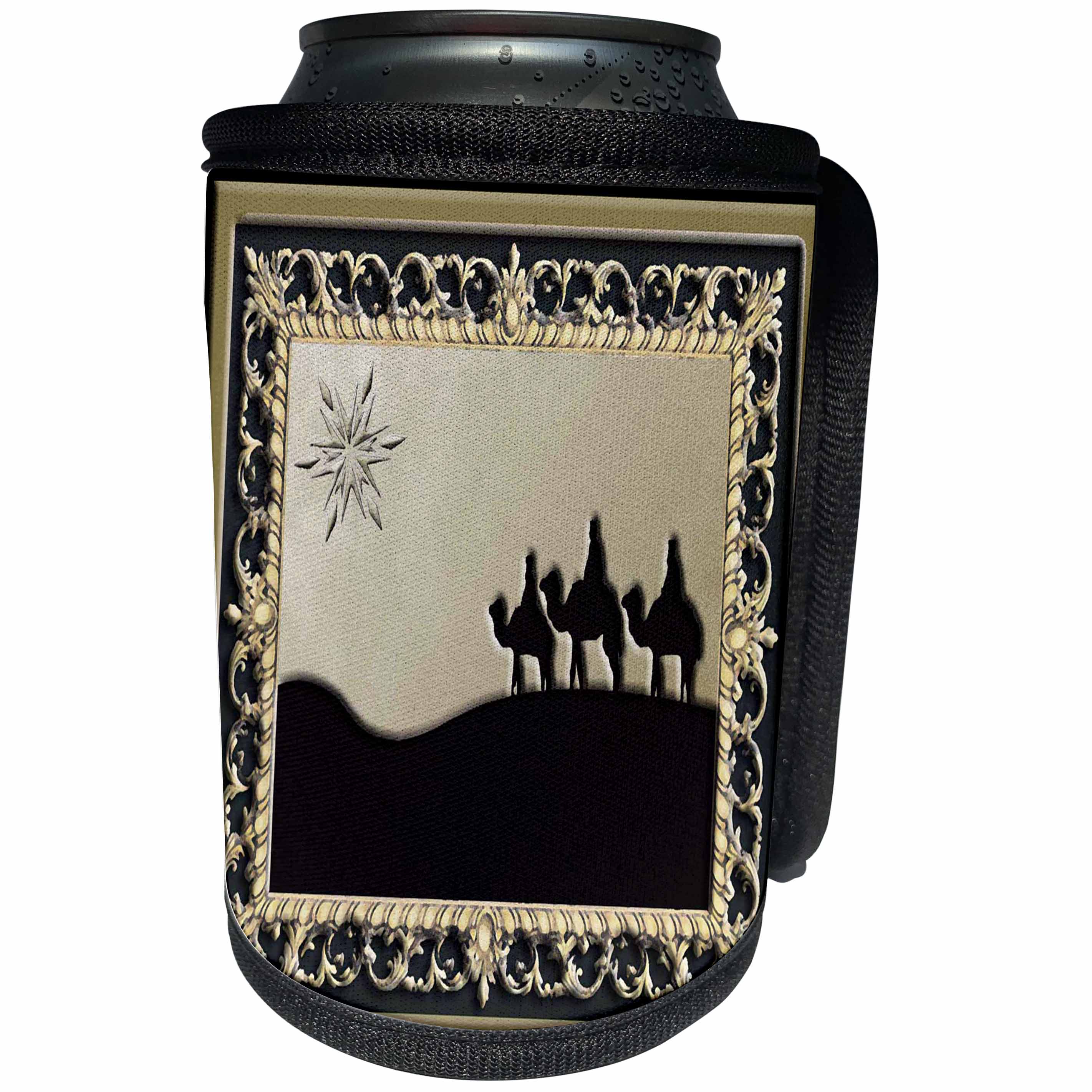 3dRose Beverly Turner Christmas Design - Wise Men Gold and Black - Can Cooler Bottle Wrap (cc_26989)