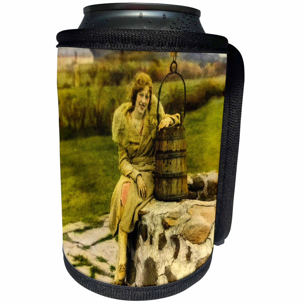 3dRose Scenes from the Past Magic Lantern Slides - Nova Scotia Canadian Woman on Water Well 1920s - Can Cooler Bottle Wrap (cc_269907)