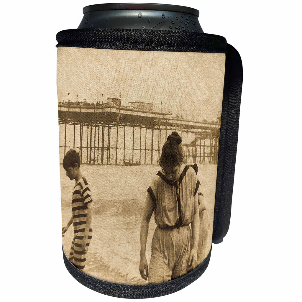 3dRose Scenes from the Past Magic Lantern Slides - Beach Holiday in August Brighton United Kingdom Vintage 1890 - Can Cooler Bottle Wrap (cc_269916)