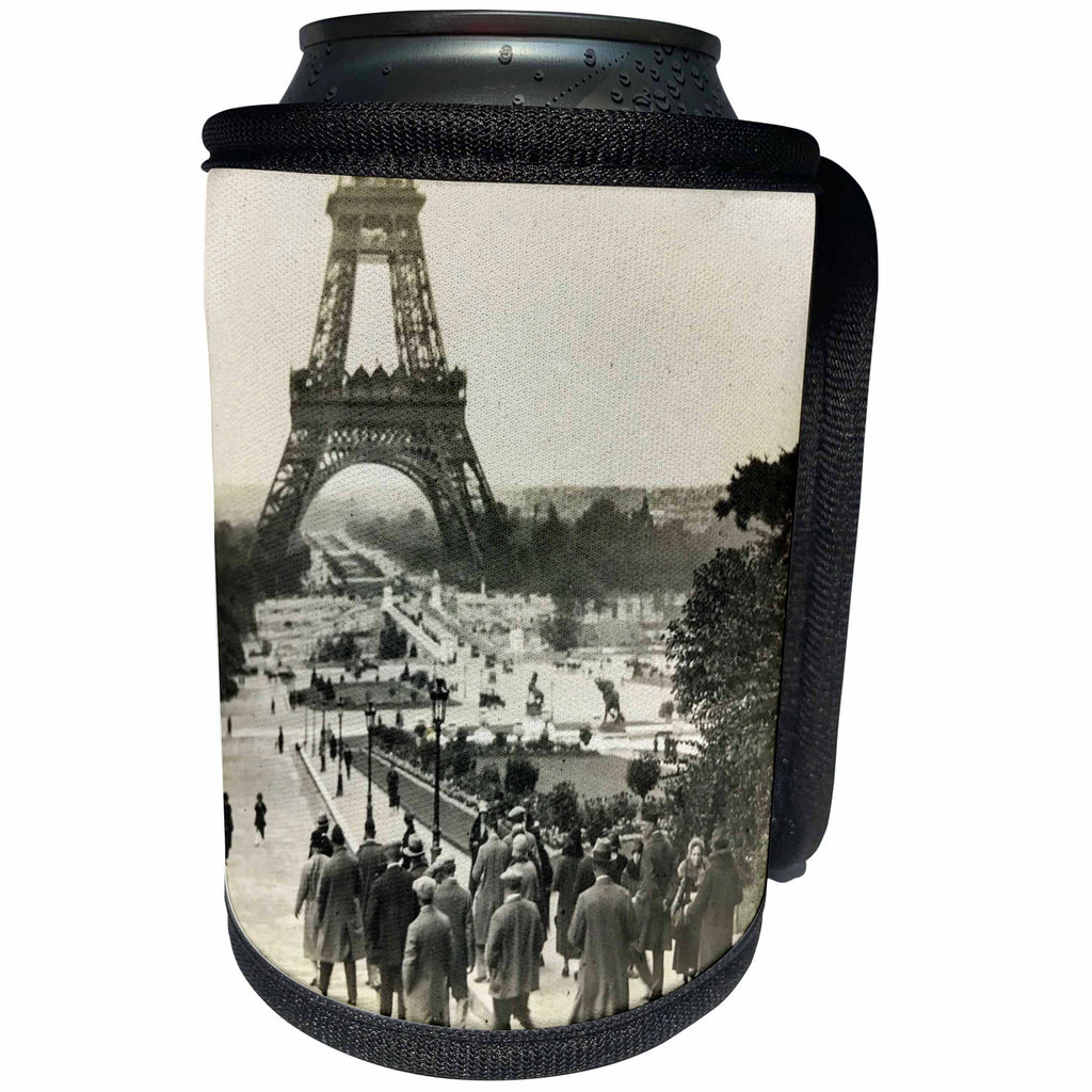 3dRose Scenes from the Past Magic Lantern Slides - Vintage Group Walking Towards Eiffel Tower Paris France - Can Cooler Bottle Wrap (cc_269927)