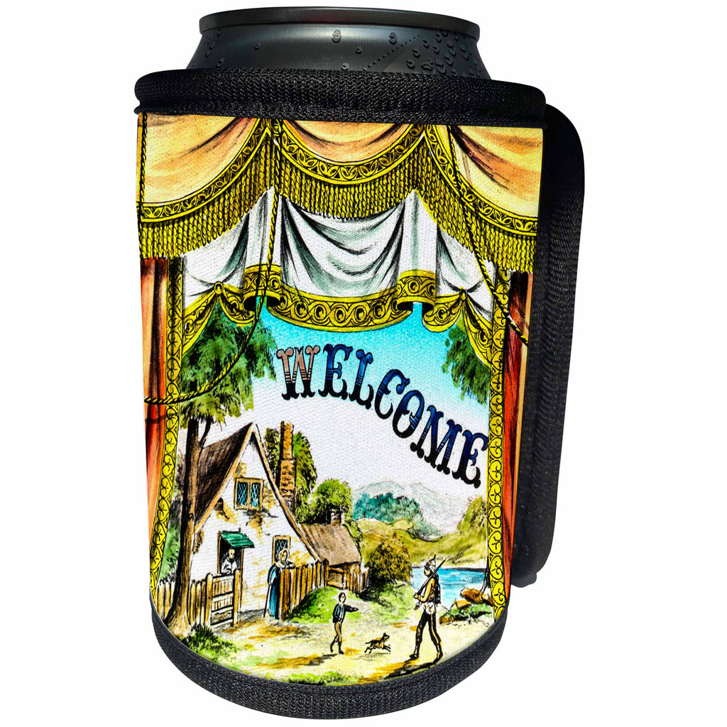 3dRose Scenes from the Past Magic Lantern Slides - Welcome Slide Featuring Hessian Soldier and Village Circa 1890s - Can Cooler Bottle Wrap (cc_269964)