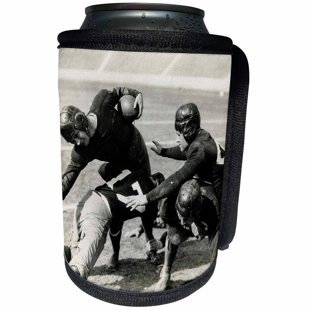 3dRose Scenes from the Past Vintage Stereoview Cards - 1928 Stereoview Image Hold Em College Football Silent Film Still - Can Cooler Bottle Wrap (cc_269974)