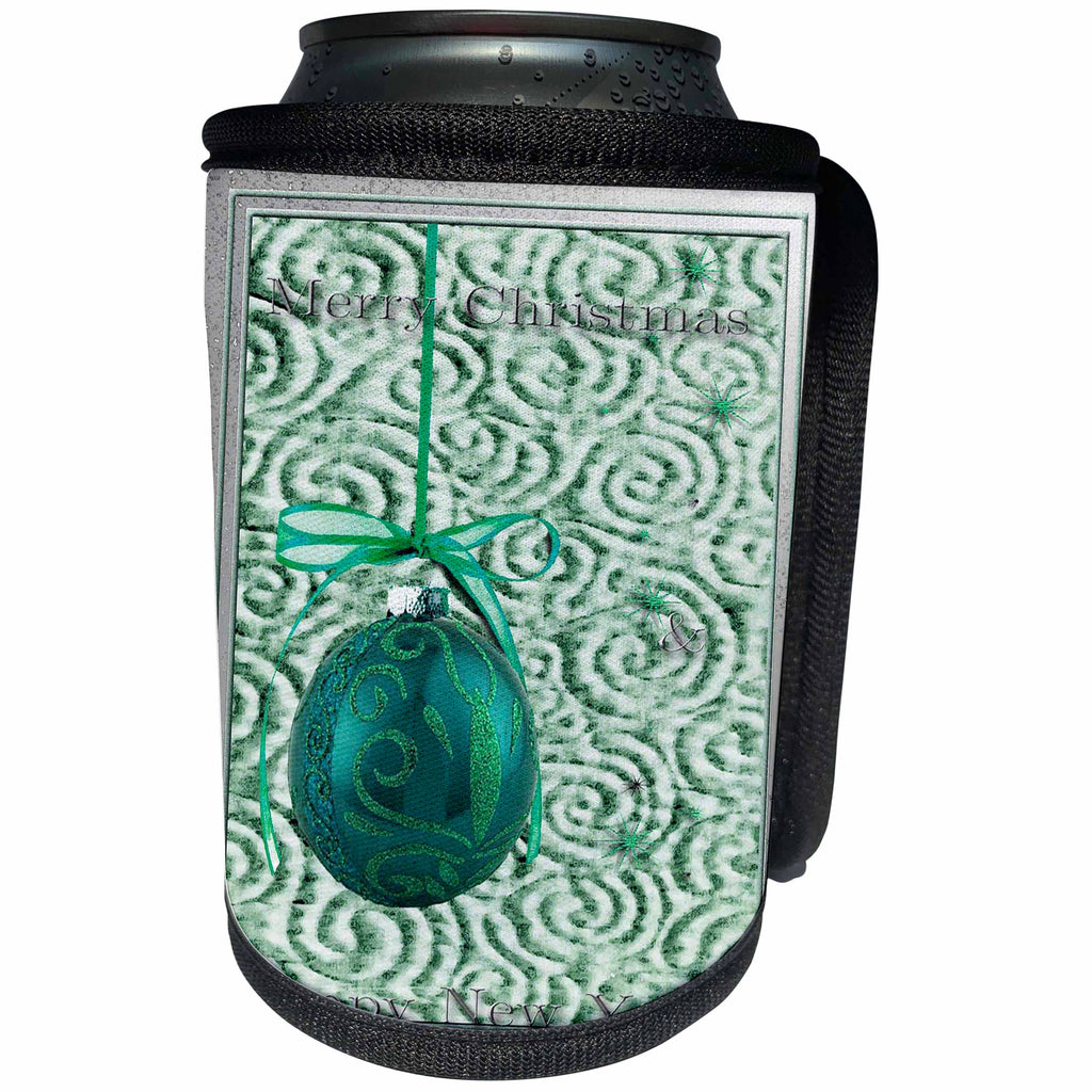 3dRose Beverly Turner Christmas Design - Green Ornament Merry Christmas and Happy New Year - Can Cooler Bottle Wrap (cc_26998)