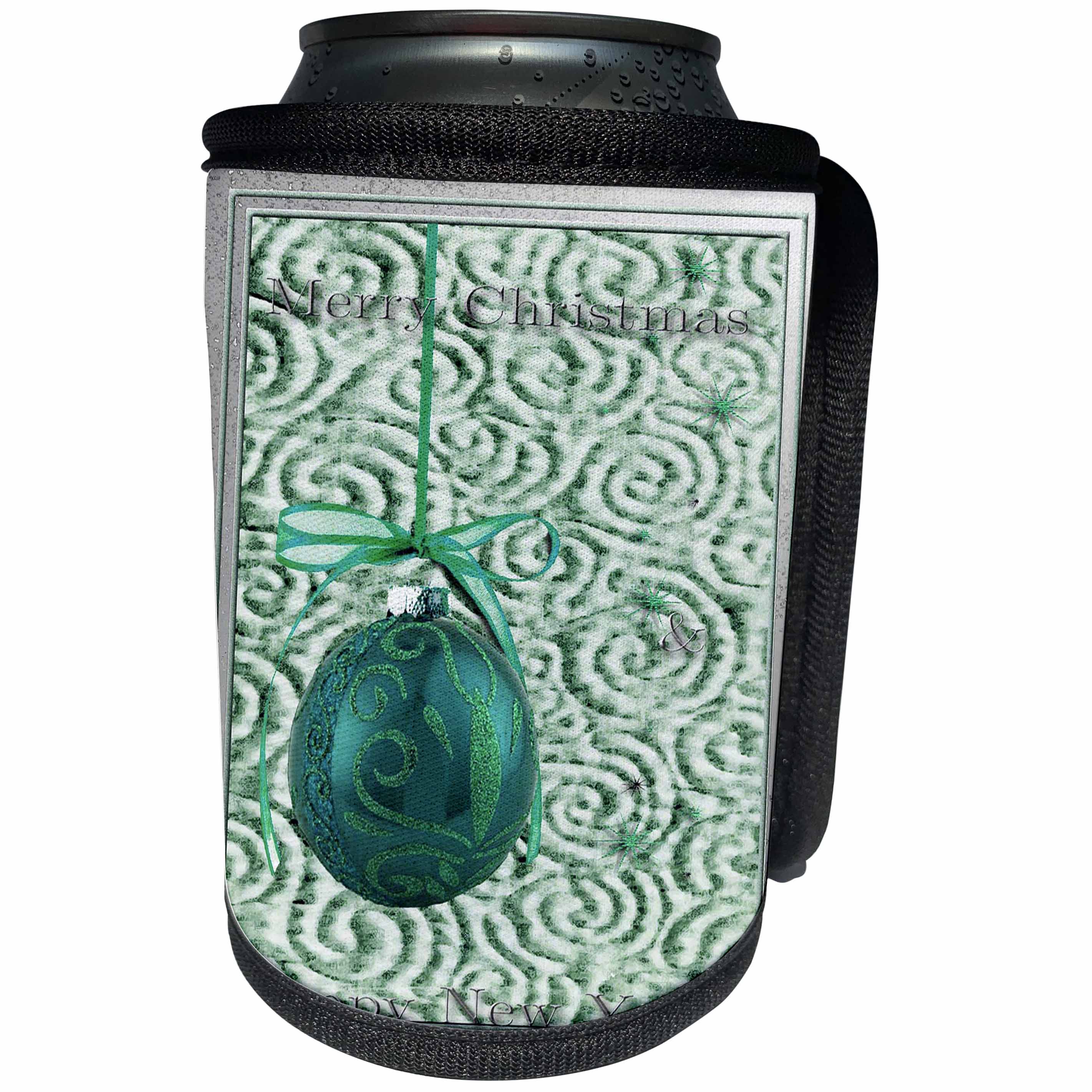 3dRose Beverly Turner Christmas Design - Green Ornament Merry Christmas and Happy New Year - Can Cooler Bottle Wrap (cc_26998)