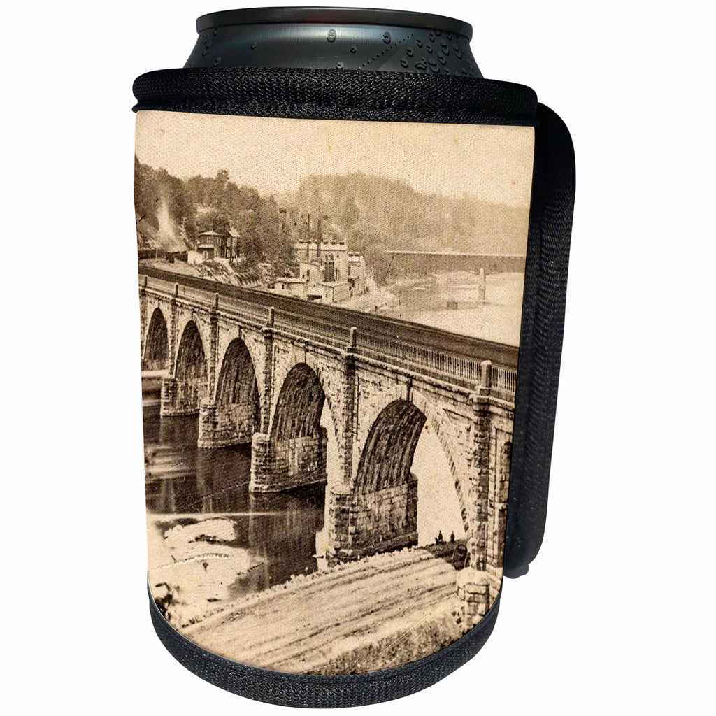 3dRose Scenes from the Past Vintage Stereoview Cards - Bridge Over Schuylkill River Pennsylvania to Philadelphia Vintage - Can Cooler Bottle Wrap (cc_269998)