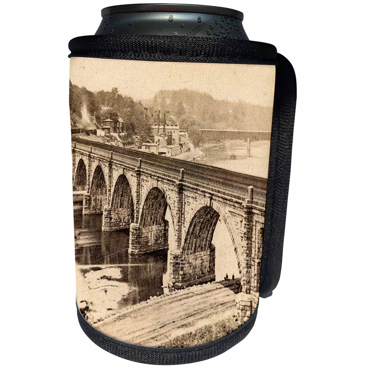 3dRose Scenes from the Past Vintage Stereoview Cards - Bridge Over Schuylkill River Pennsylvania to Philadelphia Vintage - Can Cooler Bottle Wrap (cc_269998)