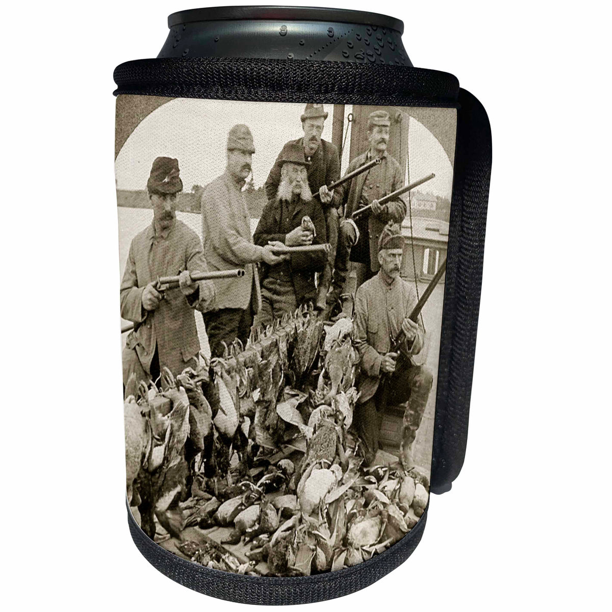 3dRose Scenes from the Past Vintage Stereoview Cards - Canadian Hunters on Boat Ducks and Rifles Vintage Stereoview 1920s - Can Cooler Bottle Wrap (cc_270004)