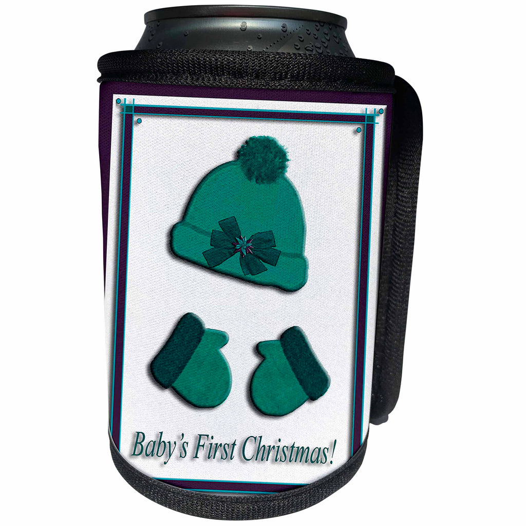 3dRose Beverly Turner Christmas Design - Green Cap and Mittens Babys First Christmas Poinsettia Bow - Can Cooler Bottle Wrap (cc_27001)