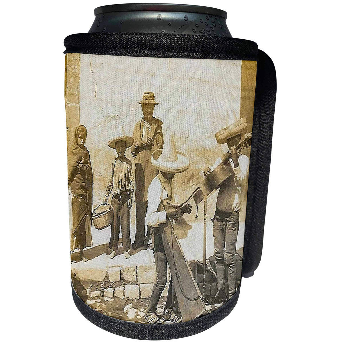 3dRose Scenes from the Past Vintage Stereoview Cards - Traditional Mexican Street Musicians Mariachi Band Stereoview - Can Cooler Bottle Wrap (cc_270011)